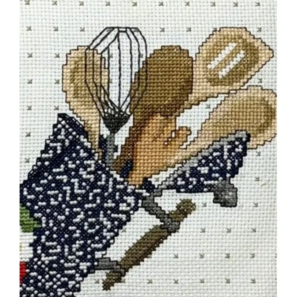 Vintage Framed Cross Stitch Kitchen Wall Art Strawberries Wooden Spoons 10x10